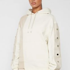 Woman Tracksuits Split Hem Hoodie With Poppers - Beige