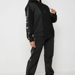 Woman Tracksuits Split Hem Hoodie With Poppers - Black