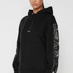 Woman Tracksuits Split Hem Hoodie With Poppers - Black