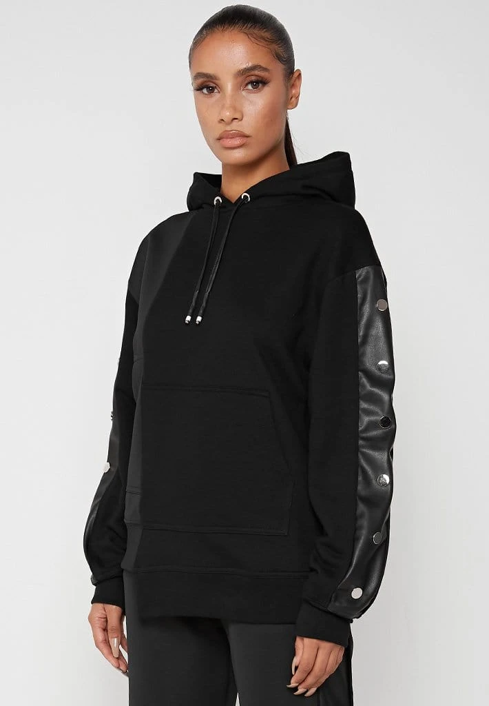 Woman Tracksuits Split Hem Hoodie With Poppers - Black