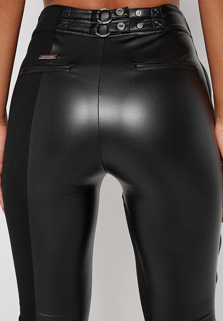 Woman Leggings Split Vegan Leather Leggings - Black