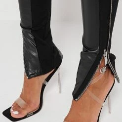 Woman Leggings Split Vegan Leather Leggings - Black