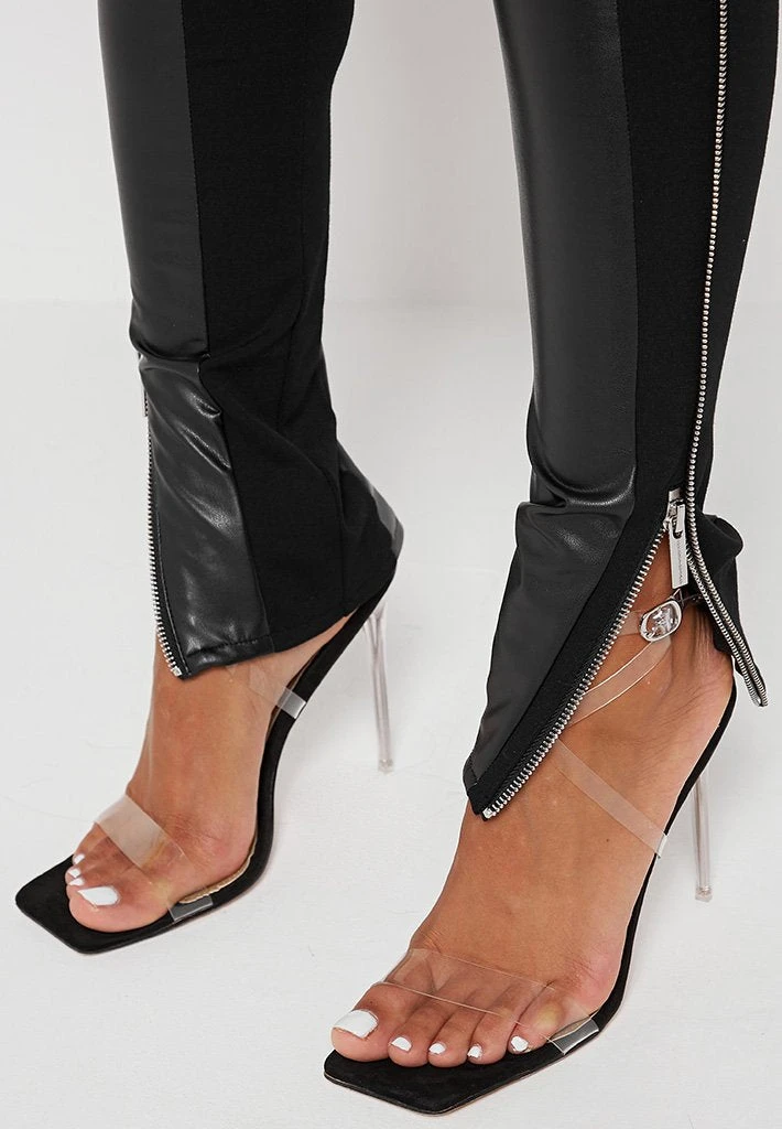 Woman Leggings Split Vegan Leather Leggings - Black