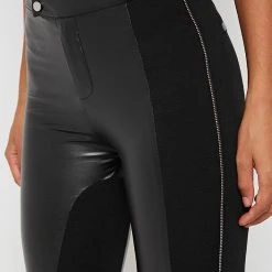 Woman Leggings Split Vegan Leather Leggings - Black