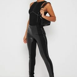 Woman Leggings Split Vegan Leather Leggings - Black