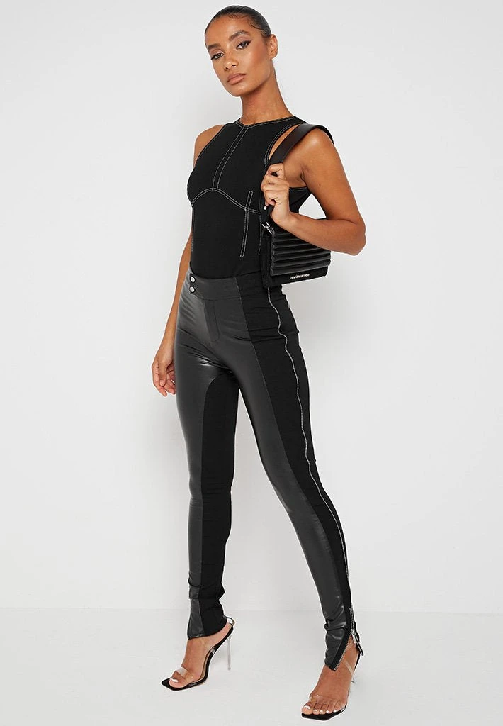 Woman Leggings Split Vegan Leather Leggings - Black