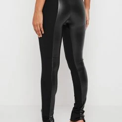 Woman Leggings Split Vegan Leather Leggings - Black