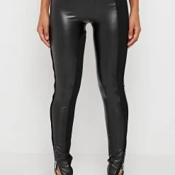 Woman Leggings Split Vegan Leather Leggings - Black