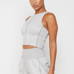 Woman Tops TOPS & T SHIRTS Vegan Suede Racer Neck Crop Top - Grey