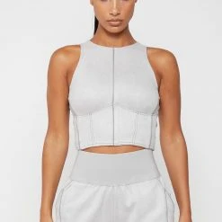 Woman Tops TOPS & T SHIRTS Vegan Suede Racer Neck Crop Top - Grey