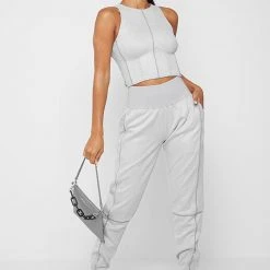 Woman Trousers Vegan Suede High Waisted Joggers - Grey CO-ORDS