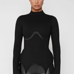 Woman Tops Suspender Detail Top - Black