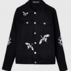 Man Jackets Tiger Embroidered Denim Jacket - Black