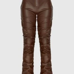 Woman Trousers Tacked Vegan Leather Flared Trousers - Chocolate Brown