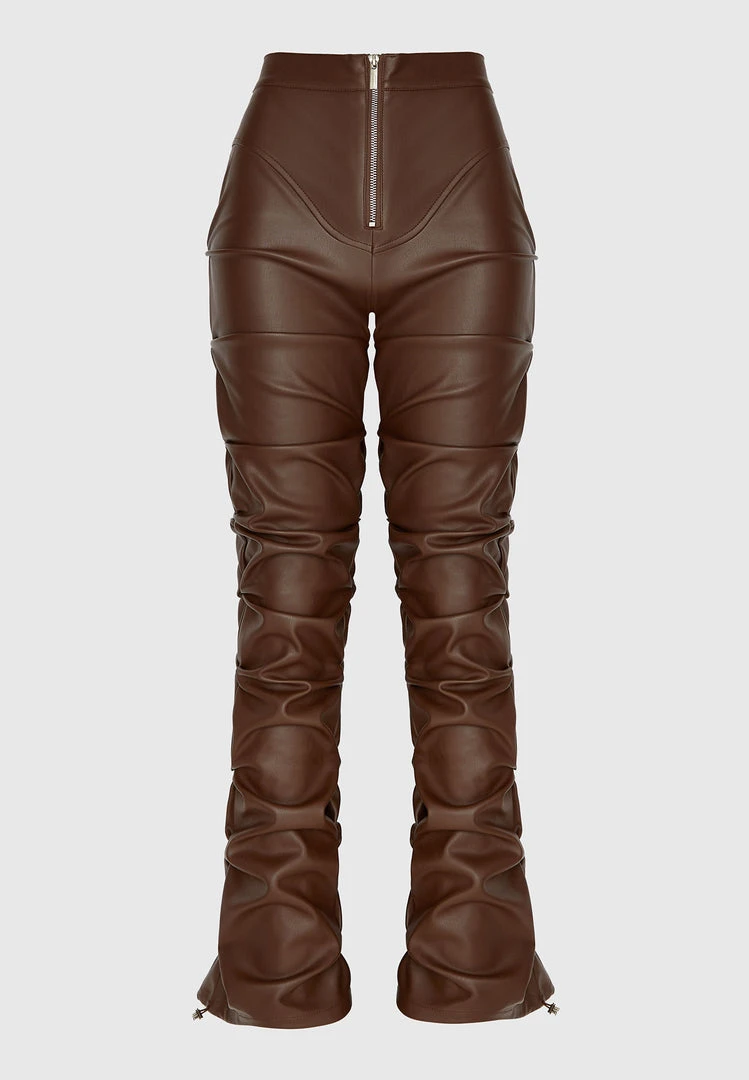 Woman Trousers Tacked Vegan Leather Flared Trousers - Chocolate Brown