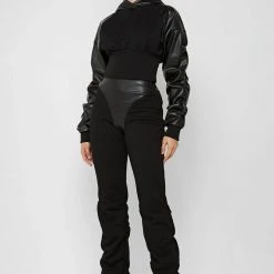 Woman Tracksuits Tacked High Waisted Joggers - Black