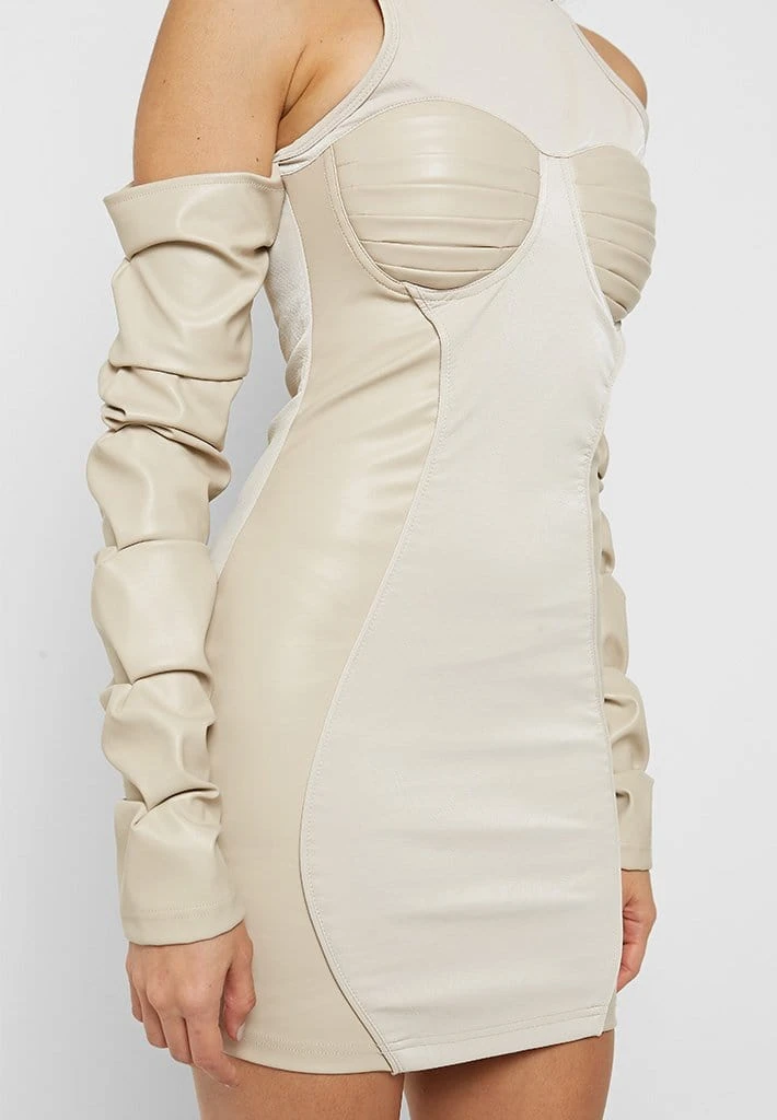 Woman Dresses Tacked Sleeve Bodycon Dress - Beige