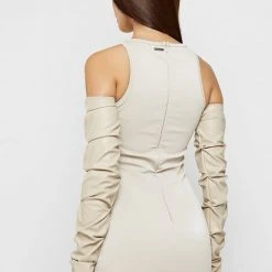 Woman Dresses Tacked Sleeve Bodycon Dress - Beige