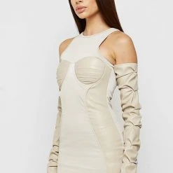 Woman Dresses Tacked Sleeve Bodycon Dress - Beige