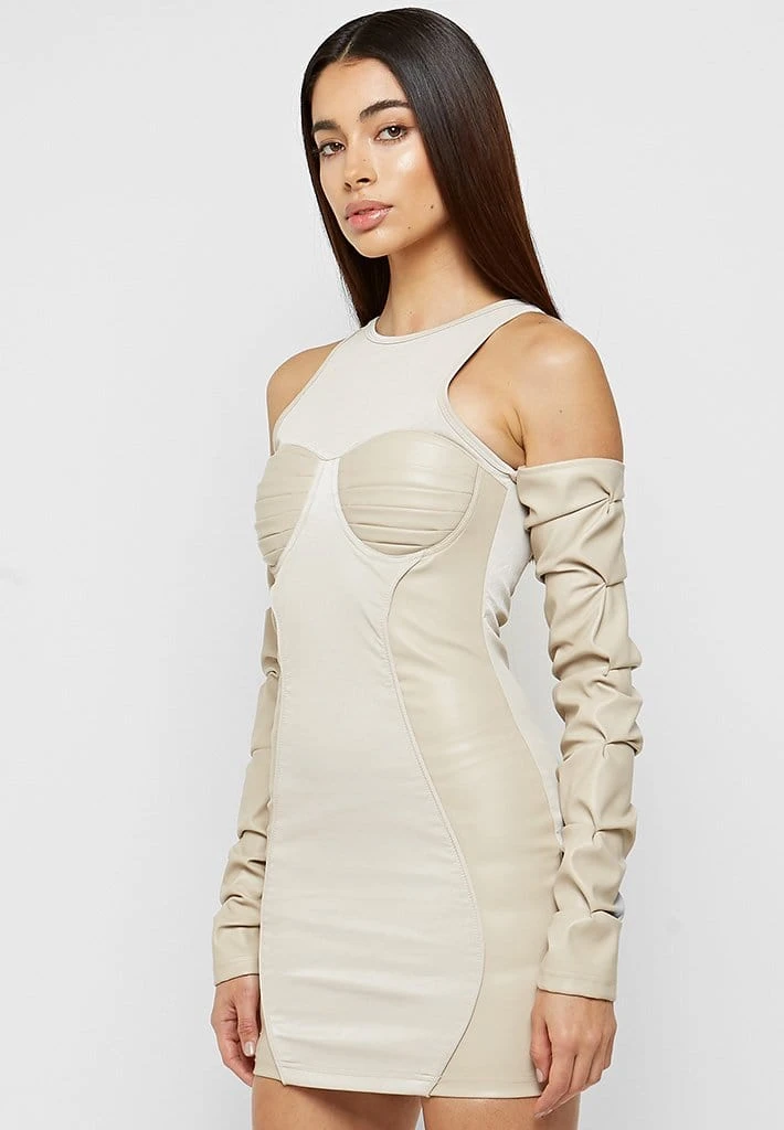Woman Dresses Tacked Sleeve Bodycon Dress - Beige