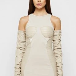 Woman Dresses Tacked Sleeve Bodycon Dress - Beige