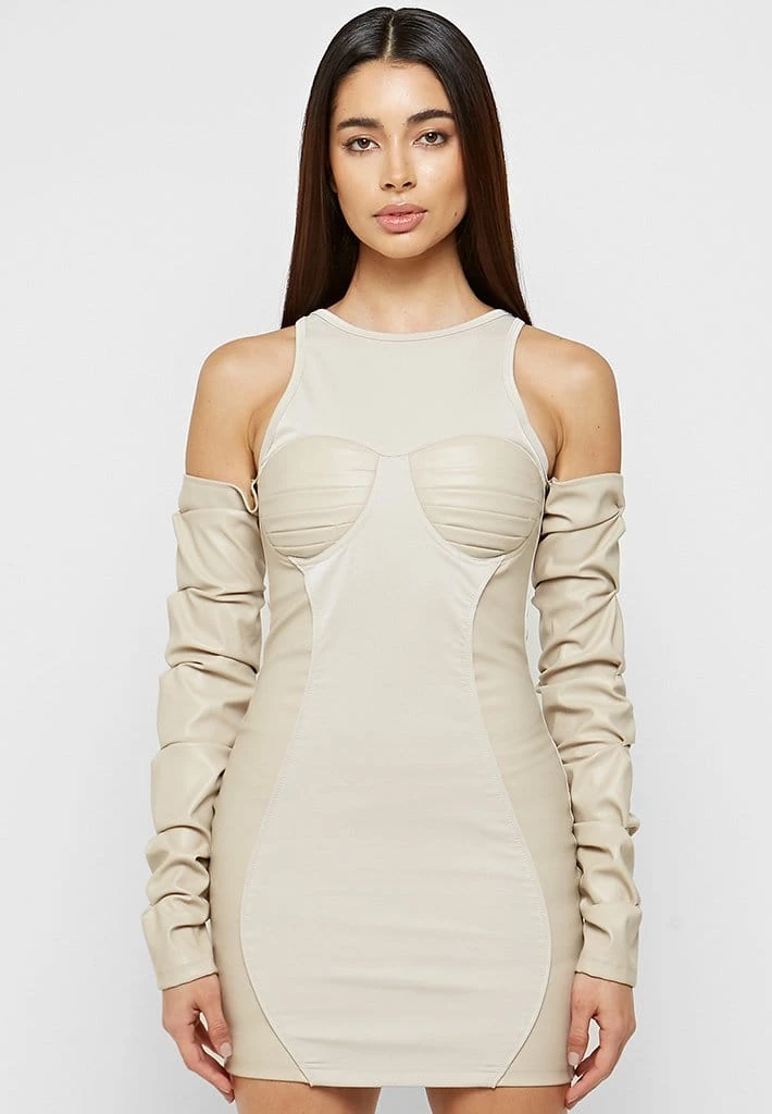 Woman Dresses Tacked Sleeve Bodycon Dress - Beige