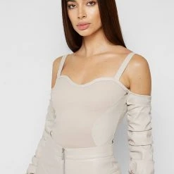 Woman Tops Tacked Sleeve Bustier Bodysuit - Beige