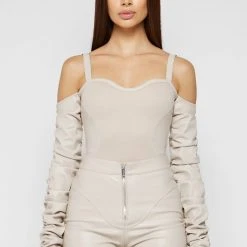 Woman Tops Tacked Sleeve Bustier Bodysuit - Beige