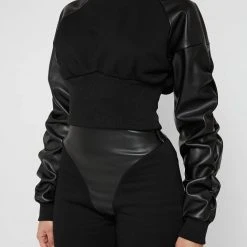 Woman Tracksuits Tacked Sleeve Cropped Hoodie - Black