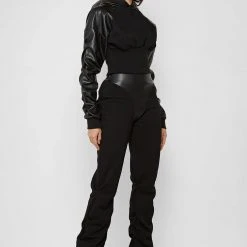 Woman Tracksuits Tacked Sleeve Cropped Hoodie - Black