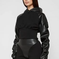 Woman Tracksuits Tacked Sleeve Cropped Hoodie - Black
