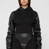 Woman Tracksuits Tacked Sleeve Cropped Hoodie - Black