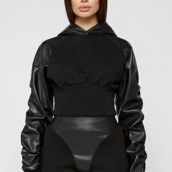 Woman Tracksuits Tacked Sleeve Cropped Hoodie - Black