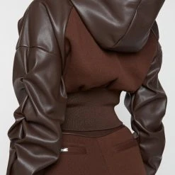 Woman Tracksuits Tacked Sleeve Cropped Hoodie - Brown