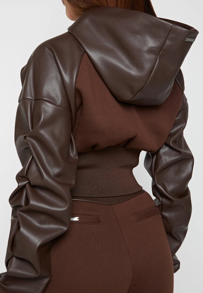 Woman Tracksuits Tacked Sleeve Cropped Hoodie - Brown