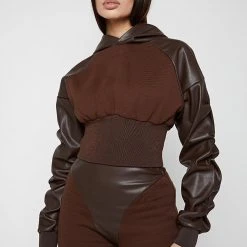 Woman Tracksuits Tacked Sleeve Cropped Hoodie - Brown