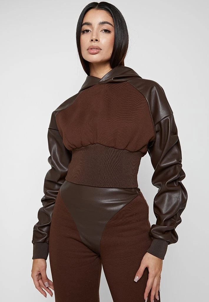 Woman Tracksuits Tacked Sleeve Cropped Hoodie - Brown