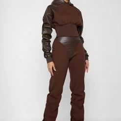 Woman Tracksuits Tacked Sleeve Cropped Hoodie - Brown