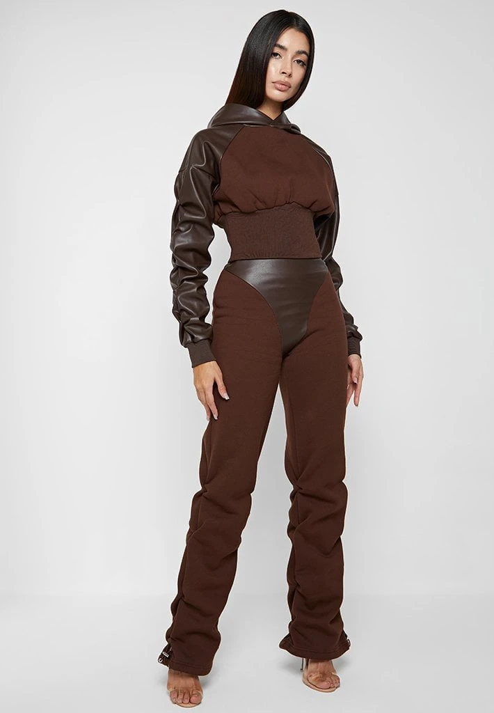 Woman Tracksuits Tacked Sleeve Cropped Hoodie - Brown