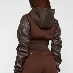 Woman Tracksuits Tacked Sleeve Cropped Hoodie - Brown