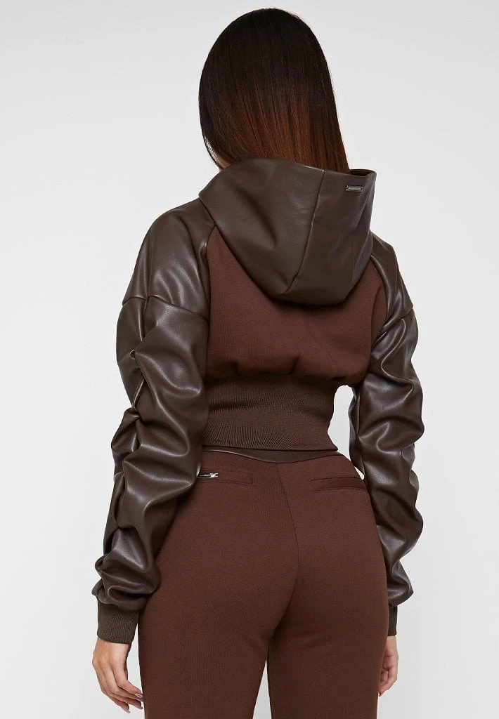 Woman Tracksuits Tacked Sleeve Cropped Hoodie - Brown