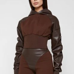 Woman Tracksuits Tacked Sleeve Cropped Hoodie - Brown