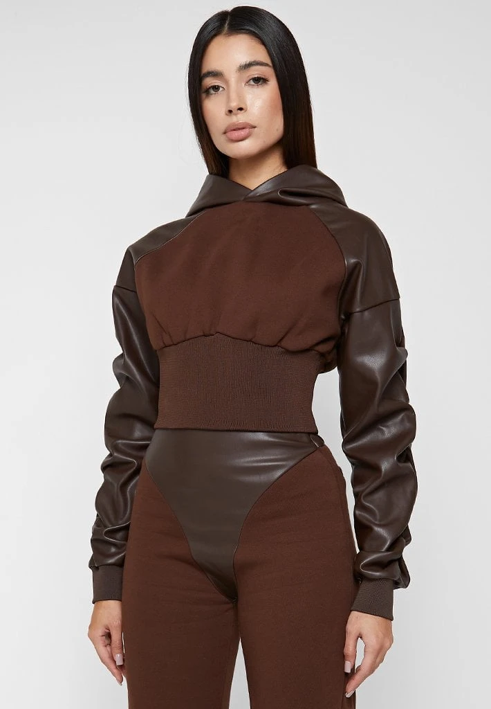 Woman Tracksuits Tacked Sleeve Cropped Hoodie - Brown