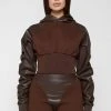 Woman Tracksuits Tacked Sleeve Cropped Hoodie - Brown