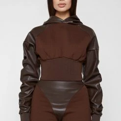 Woman Tracksuits Tacked Sleeve Cropped Hoodie - Brown