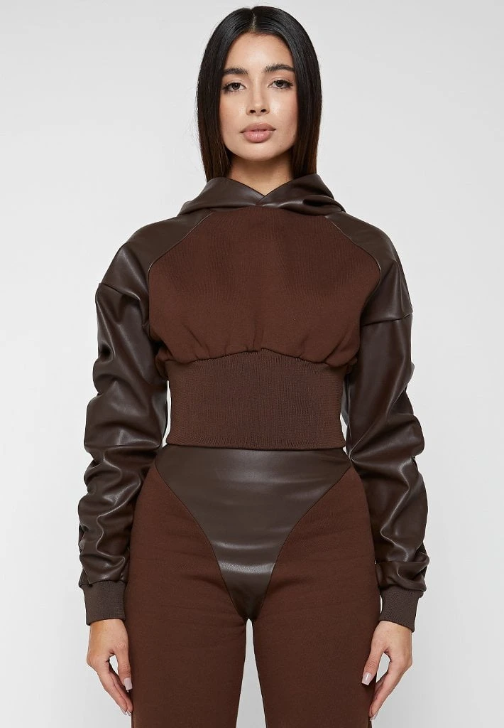 Woman Tracksuits Tacked Sleeve Cropped Hoodie - Brown
