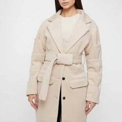 Woman Jackets OUTERWEAR Tacked Sleeve Wool Overcoat - Beige