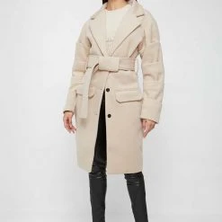 Woman Jackets OUTERWEAR Tacked Sleeve Wool Overcoat - Beige