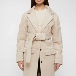 Woman Jackets OUTERWEAR Tacked Sleeve Wool Overcoat - Beige