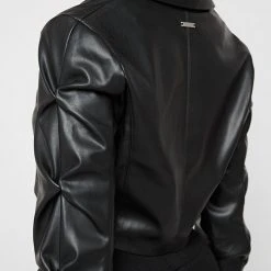 Woman Jackets Tacked Vegan Leather Cropped Jacket - Black